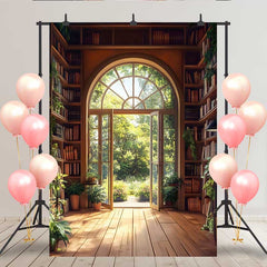 Lofaris Grand Arch Window Library Backdrop, Bookshelf and Indoor Plants with Forest View for Study Decor