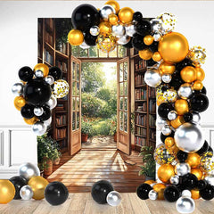Lofaris Warm Sunlight Library Backdrop, Open Door to Blooming Flower Garden for Romantic Portrait
