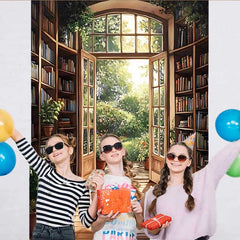 Lofaris Warm Sunlight Library Backdrop, Open Door to Blooming Flower Garden for Romantic Portrait