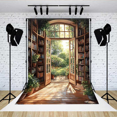 Lofaris Warm Sunlight Library Backdrop, Open Door to Blooming Flower Garden for Romantic Portrait