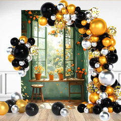 Lofaris Spring Green Window Backdrop, Orange Flowers in Pots and Wooden Stool for Rustic Portrait