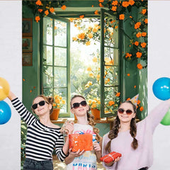 Lofaris Spring Green Window Backdrop, Orange Flowers in Pots and Wooden Stool for Rustic Portrait