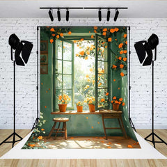 Lofaris Spring Green Window Backdrop, Orange Flowers in Pots and Wooden Stool for Rustic Portrait