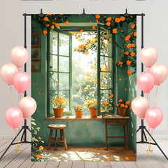 Lofaris Spring Green Window Backdrop, Orange Flowers in Pots and Wooden Stool for Rustic Portrait
