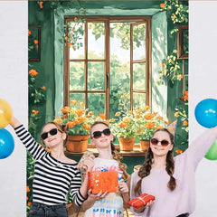 Lofaris Fresh Green Room Backdrop, Windowsill Orange Flowers and Sunlight Garden for Spring Decor