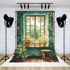 Lofaris Fresh Green Room Backdrop, Windowsill Orange Flowers and Sunlight Garden for Spring Decor