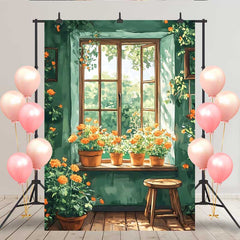 Lofaris Fresh Green Room Backdrop, Windowsill Orange Flowers and Sunlight Garden for Spring Decor