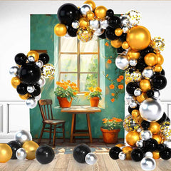 Lofaris Artistic Teal Wall Window Backdrop, Orange Flowers and Wooden Chair for Vintage Studio