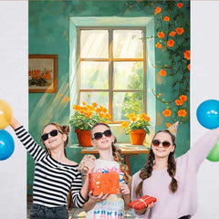 Lofaris Artistic Teal Wall Window Backdrop, Orange Flowers and Wooden Chair for Vintage Studio