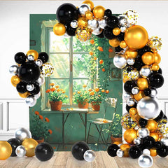 Lofaris Simple Green Window Backdrop, Potted Orange Flowers and White Chair for Spring Portrait