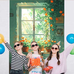 Lofaris Simple Green Window Backdrop, Potted Orange Flowers and White Chair for Spring Portrait