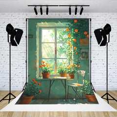 Lofaris Simple Green Window Backdrop, Potted Orange Flowers and White Chair for Spring Portrait