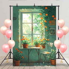 Lofaris Simple Green Window Backdrop, Potted Orange Flowers and White Chair for Spring Portrait