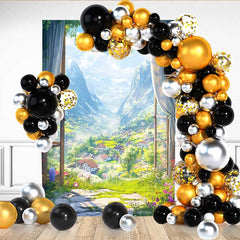 Lofaris Alpine Mountain View Backdrop, Snow Peaks and Flower Meadow through Window for Travel Theme