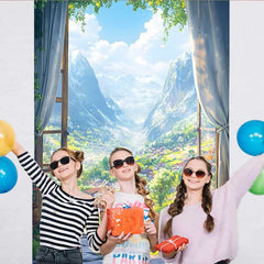 Lofaris Alpine Mountain View Backdrop, Snow Peaks and Flower Meadow through Window for Travel Theme