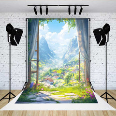 Lofaris Alpine Mountain View Backdrop, Snow Peaks and Flower Meadow through Window for Travel Theme