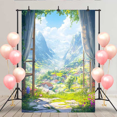 Lofaris Alpine Mountain View Backdrop, Snow Peaks and Flower Meadow through Window for Travel Theme