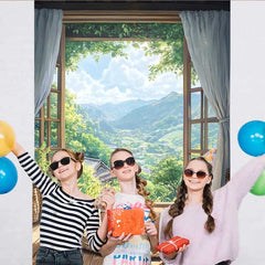 Lofaris Japanese Zen Room Backdrop, Round Rug and Open Window with Lush Green Mountain View