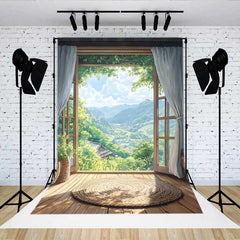 Lofaris Japanese Zen Room Backdrop, Round Rug and Open Window with Lush Green Mountain View