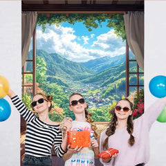 Lofaris Mountain Valley Terrace Backdrop, Rectangular Woven Mat and Scenic View of Forest Village