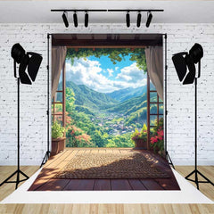 Lofaris Mountain Valley Terrace Backdrop, Rectangular Woven Mat and Scenic View of Forest Village