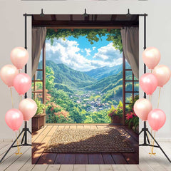 Lofaris Mountain Valley Terrace Backdrop, Rectangular Woven Mat and Scenic View of Forest Village