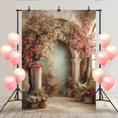 Lofaris Spring Floral Arch Backdrop, Pink and White Blossom Trees with European Pillars for Wedding
