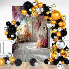 Lofaris Bright Floral Hallway Backdrop, Hanging Colorful Flowers and White Wood Floor for Party