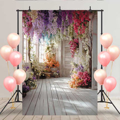 Lofaris Bright Floral Hallway Backdrop, Hanging Colorful Flowers and White Wood Floor for Party