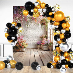 Lofaris White Brick Wall Floral Backdrop, Hanging Flower Vine and Potted Plants for Garden Party