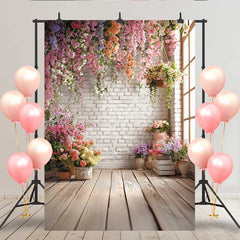 Lofaris White Brick Wall Floral Backdrop, Hanging Flower Vine and Potted Plants for Garden Party
