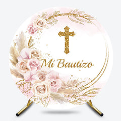 Lofaris Boho Pink White Floral Cross Round Baptism Backdrop