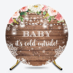 Lofaris Pink Floral Snowy Wooden Round Baby Shower Backdrop