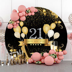 Lofaris Black Gold Balloons Round 21th Birthday Backdrop