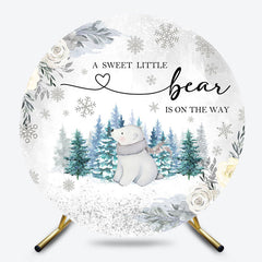 Lofaris White Snowy Forest Bear Round Baby Shower Backdrop