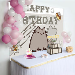 Lofaris Grey Cute Cat Happy Birthday Backdrop for Kids