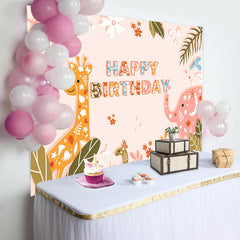 Jungle Leaf Animals Floral Happy Birthday Backdrop