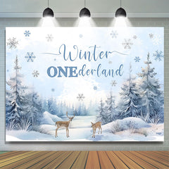 Snow Forest Deer Winter Onederland Birthday Backdrop