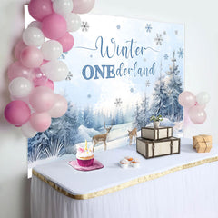 Snow Forest Deer Winter Onederland Birthday Backdrop