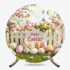 Spring Garden Fence Eggs Floral Round Easter Backdrop