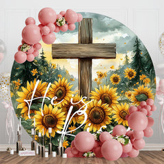 Round Sunflower Forest Cross He Is Risen Backdrop