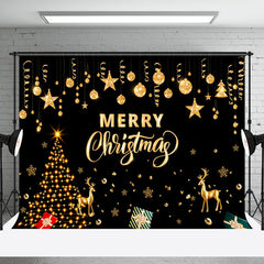 Lofaris Black Gold Tree Elk Bells Merry Christmas Backdrop