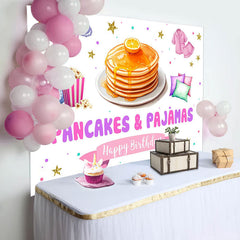 Pancakes Pajamas Gold Stars Happy Birthday Backdrop