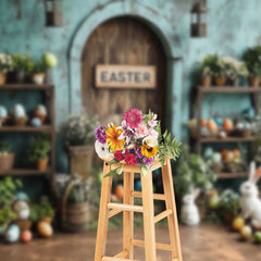 Lofaris Rustic Retro Teal Wall Eggs Bunny Easter Backdrop