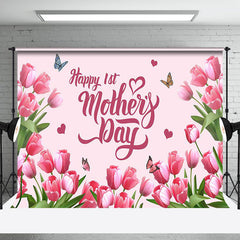 Lofaris Pink Tulip Butterfly Happy 1st Mothers Day Backdrop