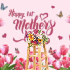 Lofaris Pink Tulip Butterfly Happy 1st Mothers Day Backdrop