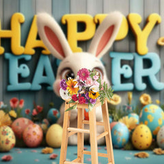 Lofaris Wood Wall Bunny Color Eggs Floral Easter Backdrop