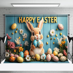 Lofaris Colorful Eggs Floral Bunny Blue Wall Easter Backdrop