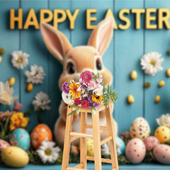 Lofaris Colorful Eggs Floral Bunny Blue Wall Easter Backdrop