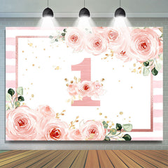 Lofaris 1st Birthday Pink Floral Stripe Backdrop for Girls